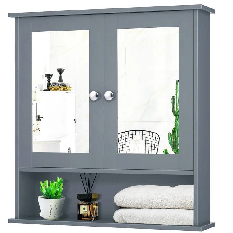 Grey Wood Bathroom Wall / Medicine Cabinet with Mirrored Doors and Shelf FastFurnishings