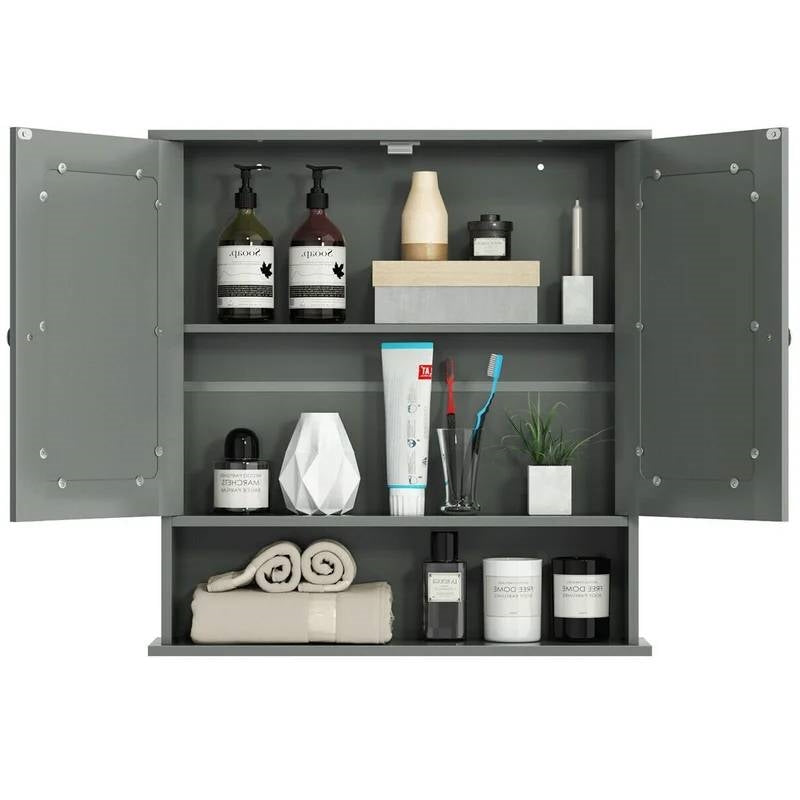 Grey Wood Bathroom Wall / Medicine Cabinet with Mirrored Doors and Shelf FastFurnishings