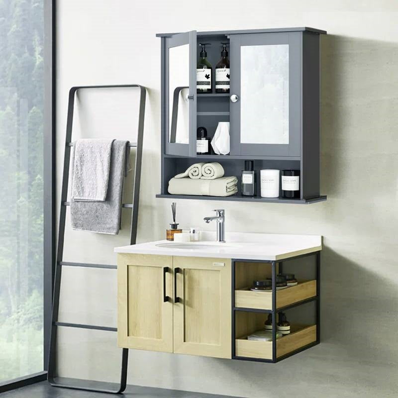 Grey Wood Bathroom Wall / Medicine Cabinet with Mirrored Doors and Shelf FastFurnishings