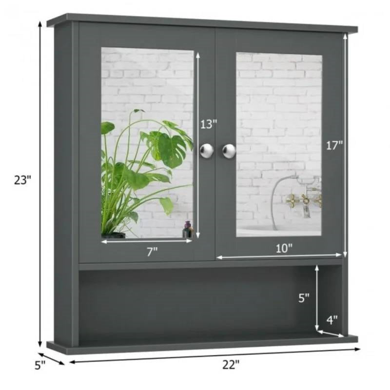 Grey Wood Bathroom Wall / Medicine Cabinet with Mirrored Doors and Shelf FastFurnishings