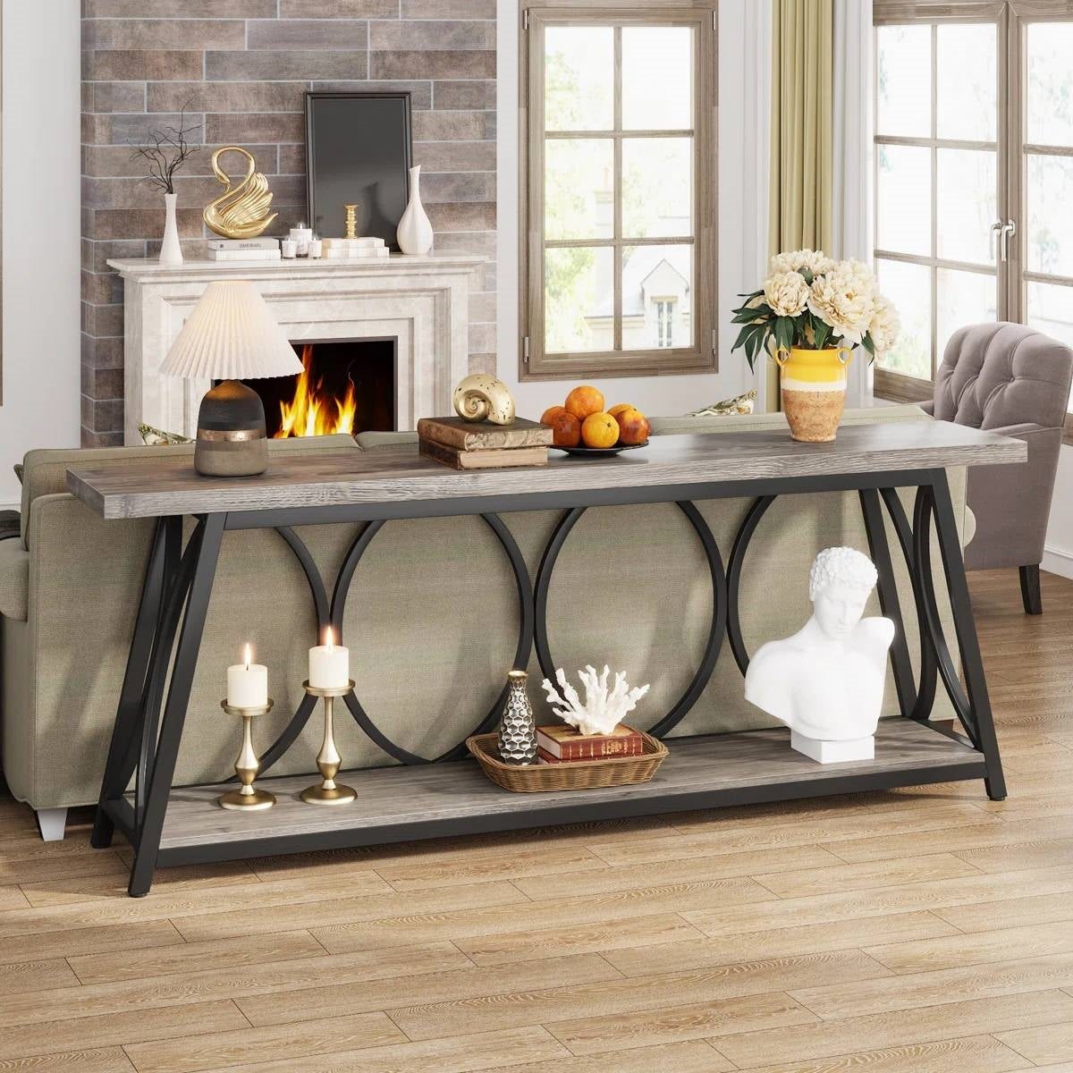 Industrial 70-inch Grey Wood Top Sofa Table with Heavy Duty Black Metal Frame-0