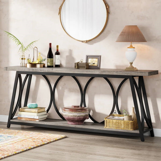 Industrial 70-inch Grey Wood Top Sofa Table with Heavy Duty Black Metal Frame-1