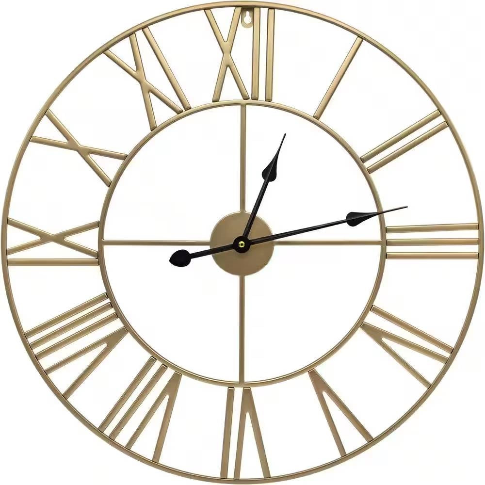 Round 24-inch Decorative Gold Metal Wall Clock Roman Numerals and Black Hands FastFurnishings