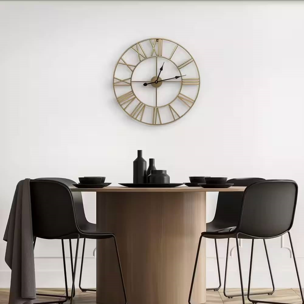Round 24-inch Decorative Gold Metal Wall Clock Roman Numerals and Black Hands FastFurnishings
