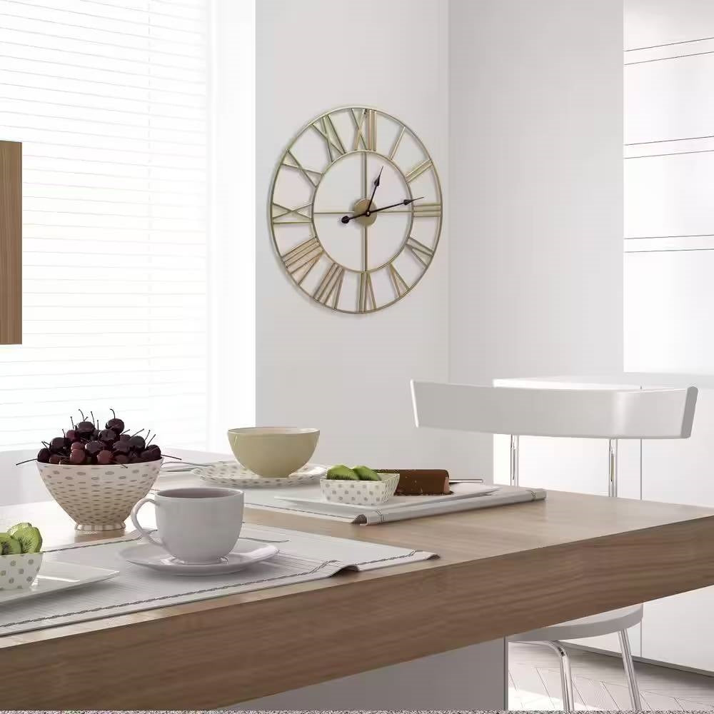 Round 24-inch Decorative Gold Metal Wall Clock Roman Numerals and Black Hands FastFurnishings