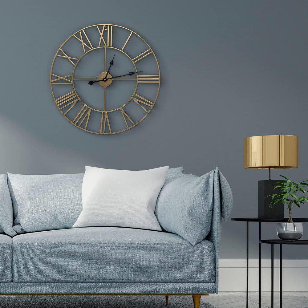 Round 24-inch Decorative Gold Metal Wall Clock Roman Numerals and Black Hands FastFurnishings
