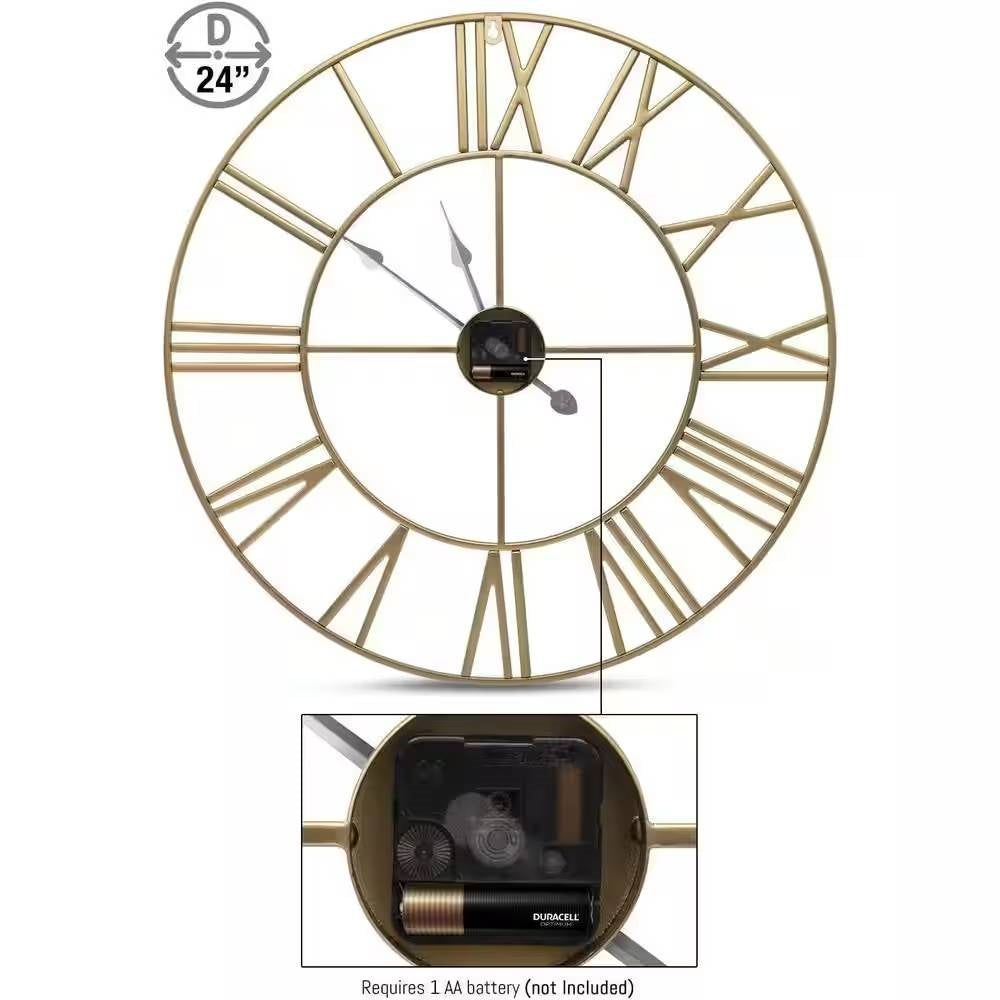Round 24-inch Decorative Gold Metal Wall Clock Roman Numerals and Black Hands FastFurnishings