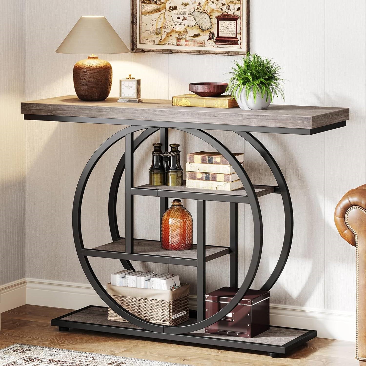 Modern 41-inch Wide Narrow Entryway Console Table with Grey Wood Finish Shelves-1