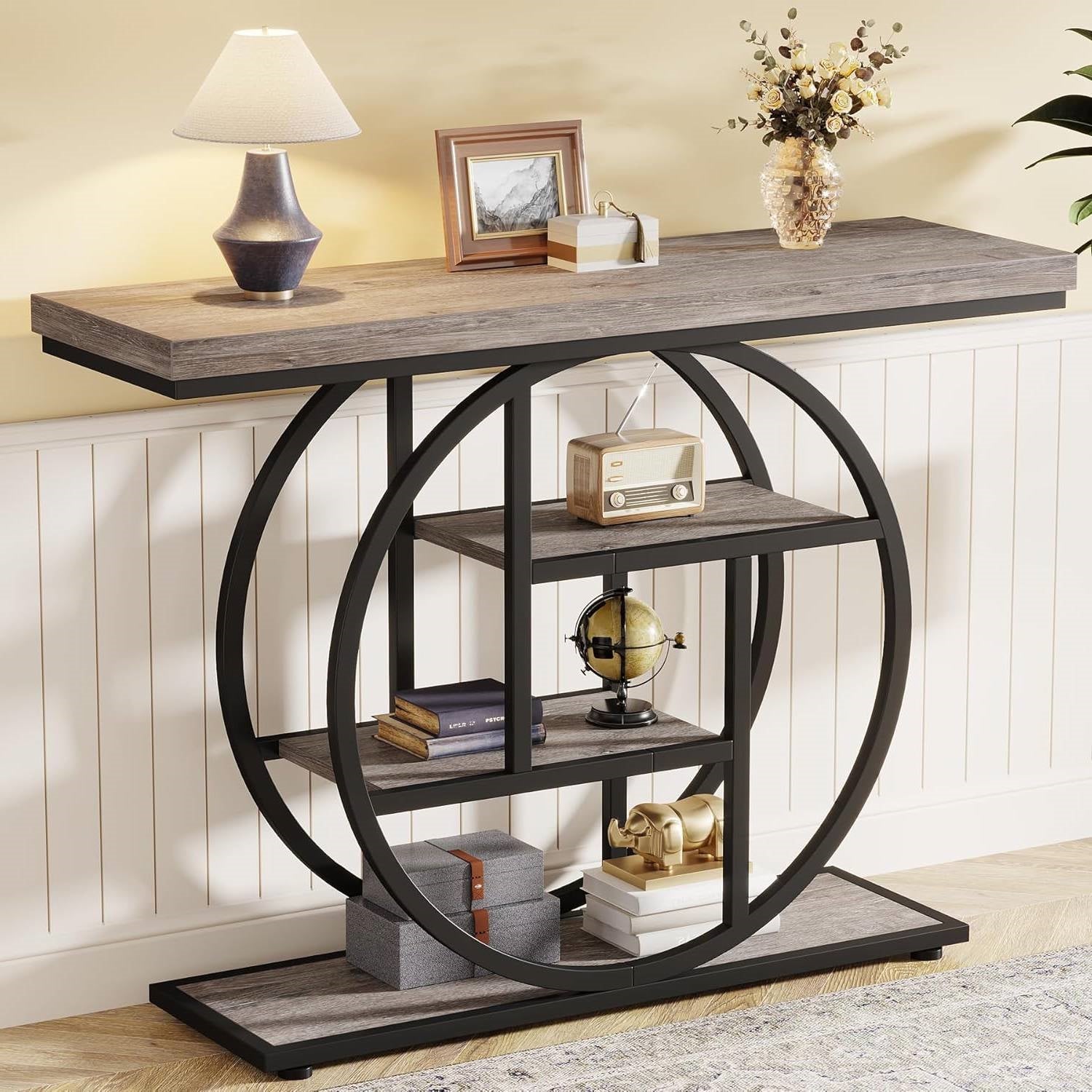 Modern 41-inch Wide Narrow Entryway Console Table with Grey Wood Finish Shelves-3
