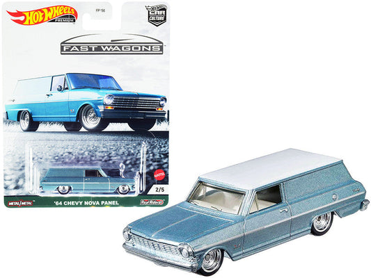 1964 Chevrolet Nova Panel Light Blue Metallic with White Top "Fast Wagons" Series Diecast Model Car by Hot Wheels Hotwheels