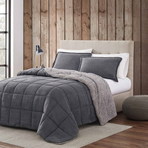 King Plush Sherpa Reversible Micro Suede Comforter Set in Gray FastFurnishings