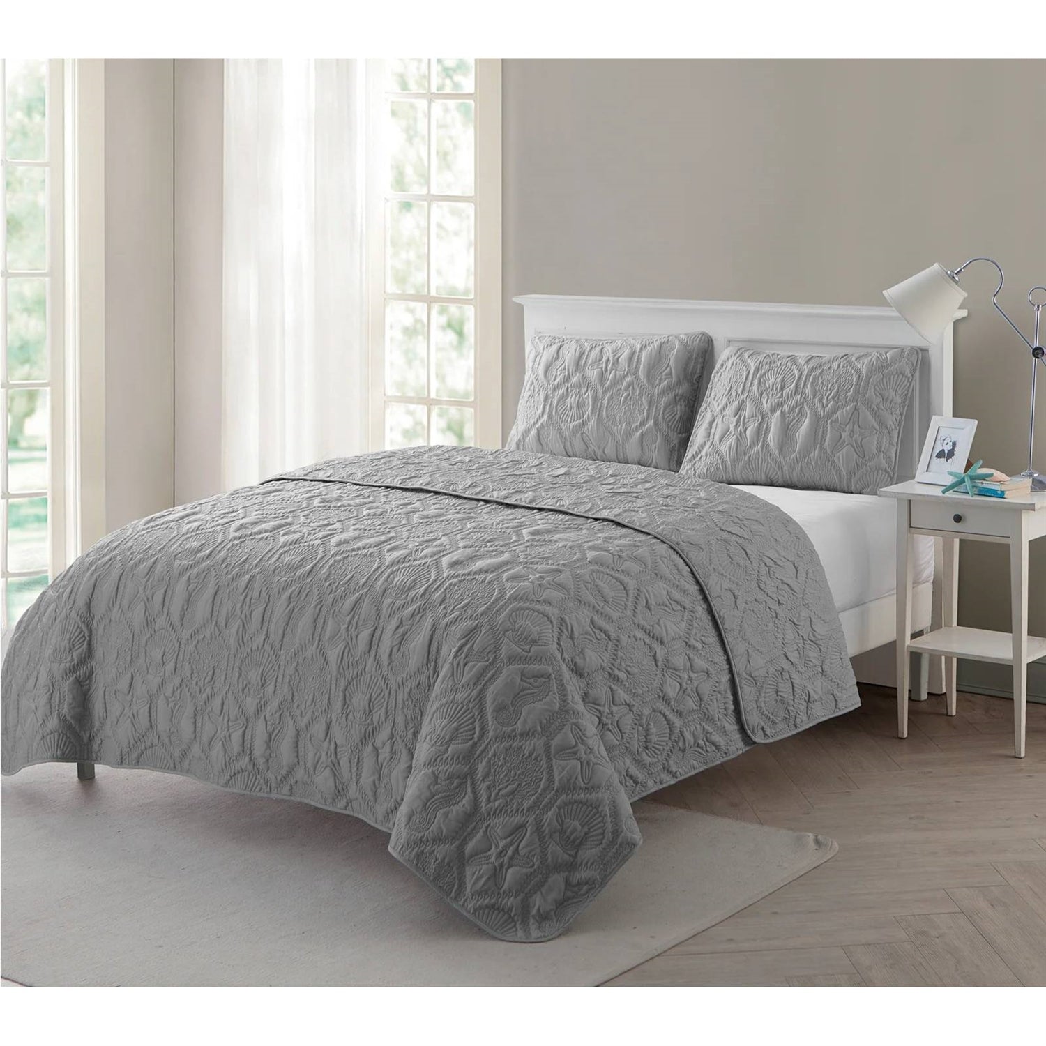 King Coastal Beach Embossed Starfish Seashell Seahorse Grey 3-Piece Quilt Set FastFurnishings