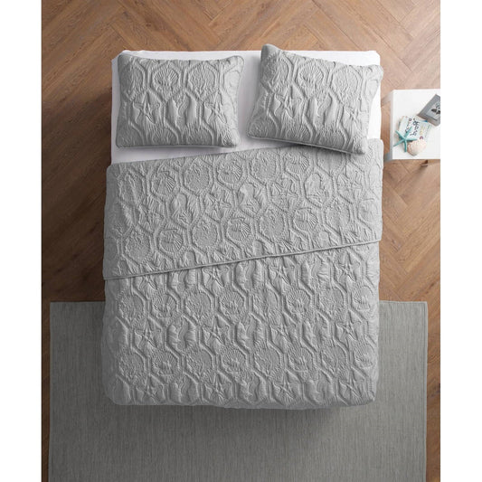 King Coastal Beach Embossed Starfish Seashell Seahorse Grey 3-Piece Quilt Set FastFurnishings