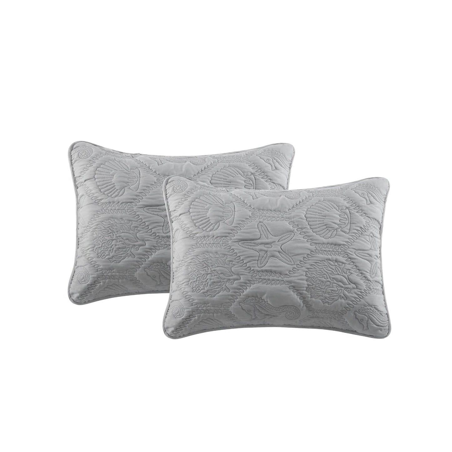 King Coastal Beach Embossed Starfish Seashell Seahorse Grey 3-Piece Quilt Set FastFurnishings