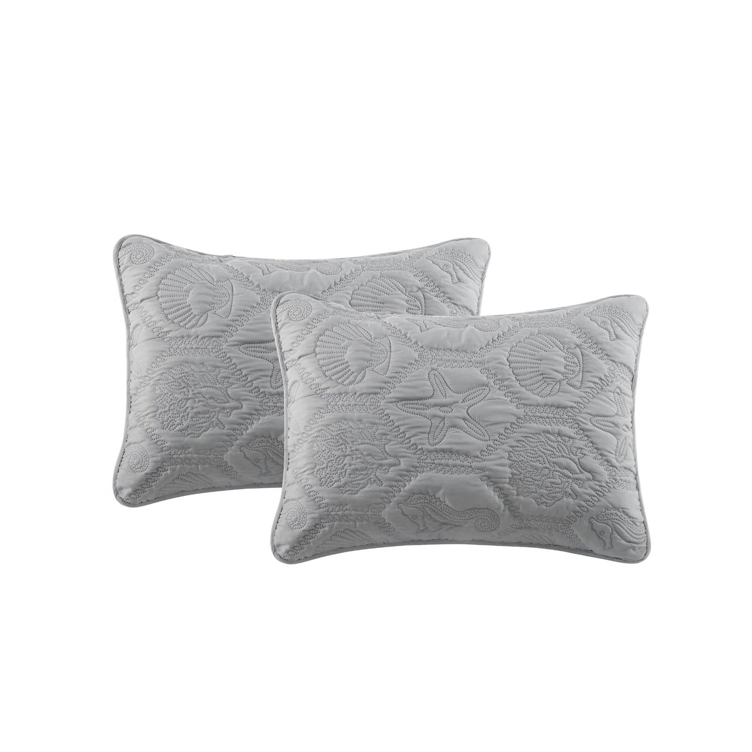 King Coastal Beach Embossed Starfish Seashell Seahorse Grey 3-Piece Quilt Set FastFurnishings