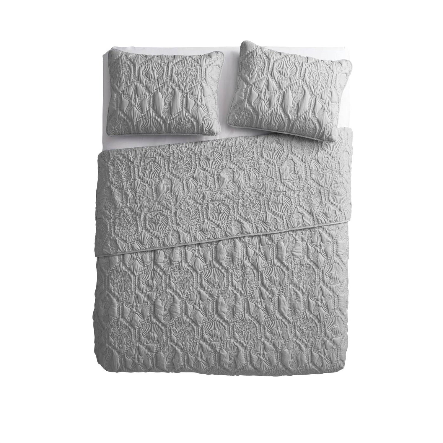 King Coastal Beach Embossed Starfish Seashell Seahorse Grey 3-Piece Quilt Set FastFurnishings
