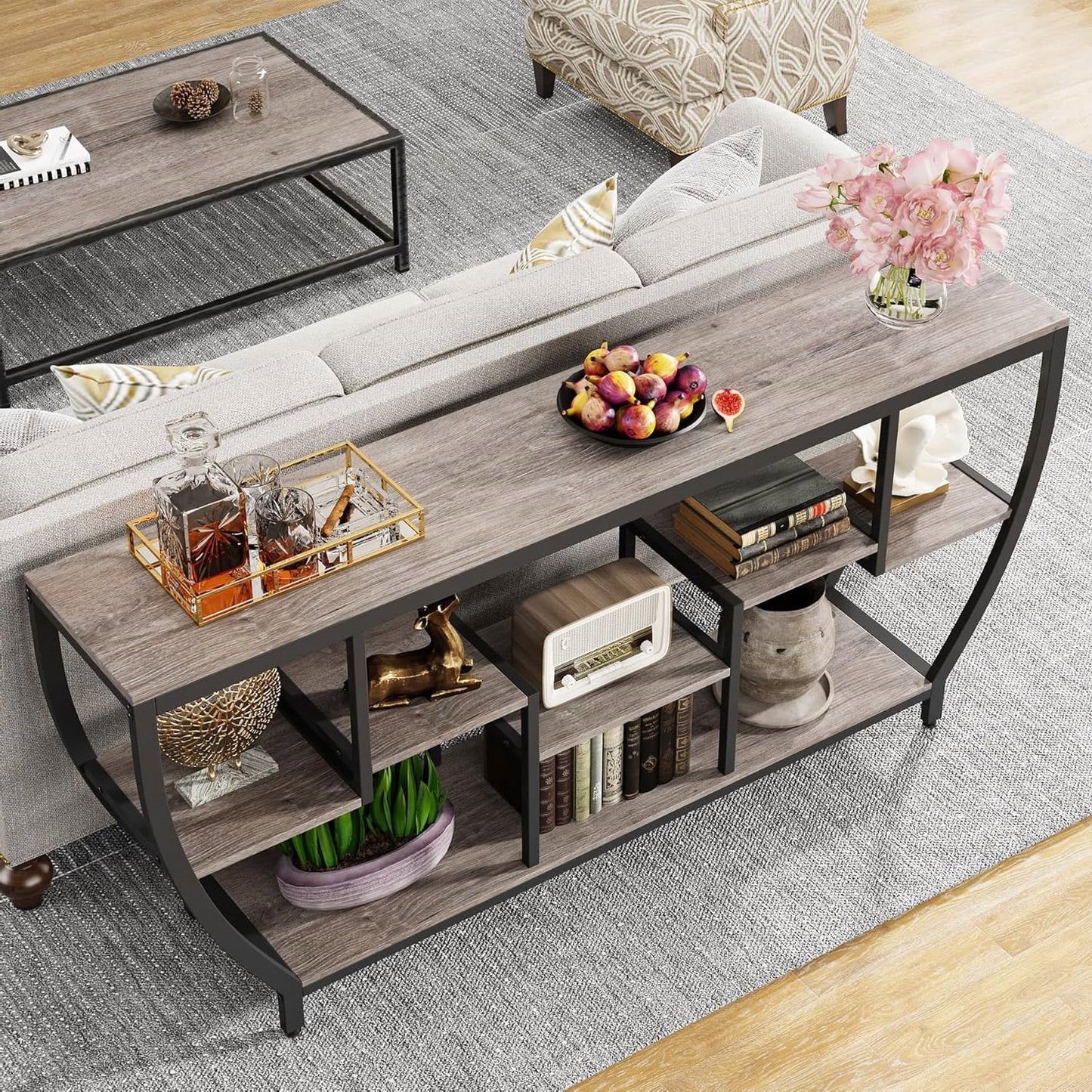 Industrial Chic 70-inch Long Narrow Console Sofa Table with Gray Wood Shelves-1