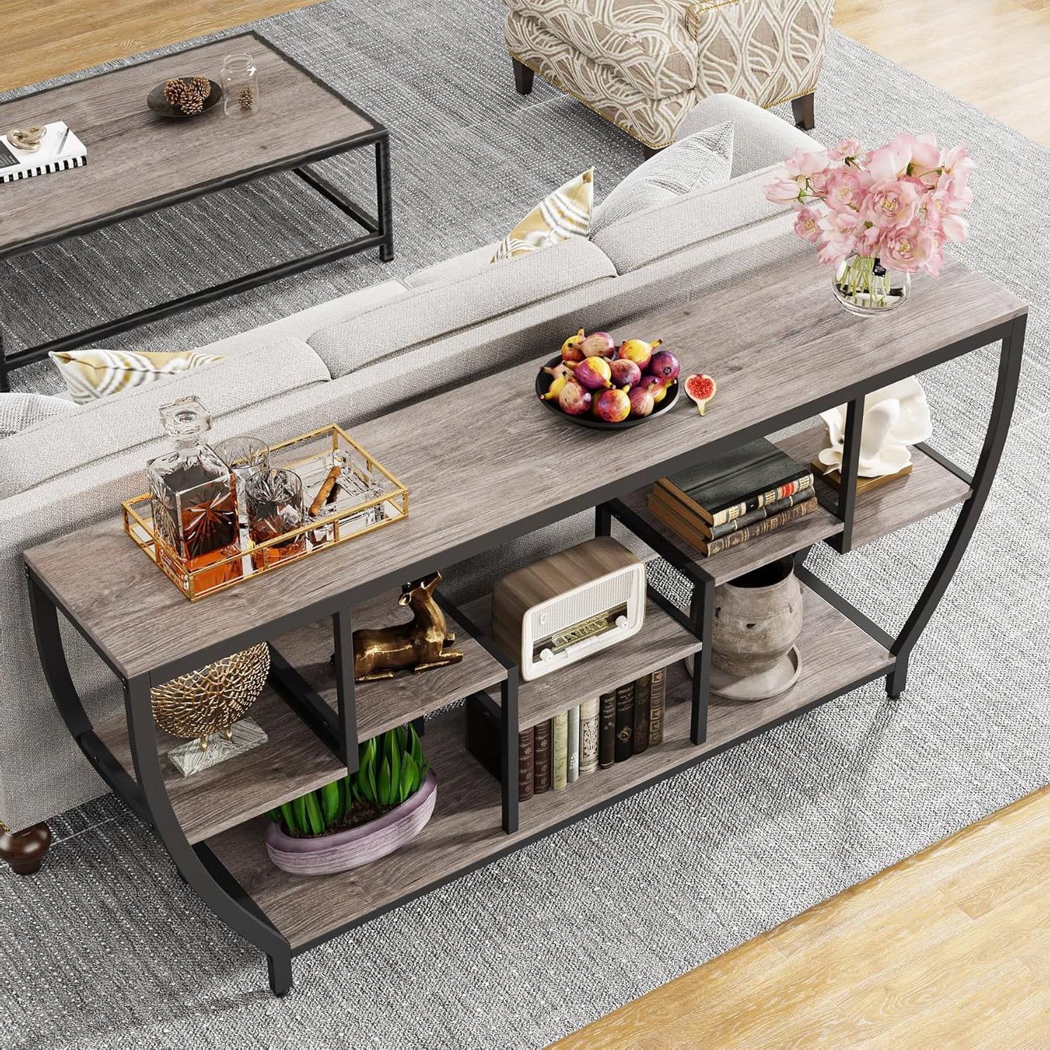 Industrial Chic 70-inch Long Narrow Console Sofa Table with Gray Wood Shelves-1