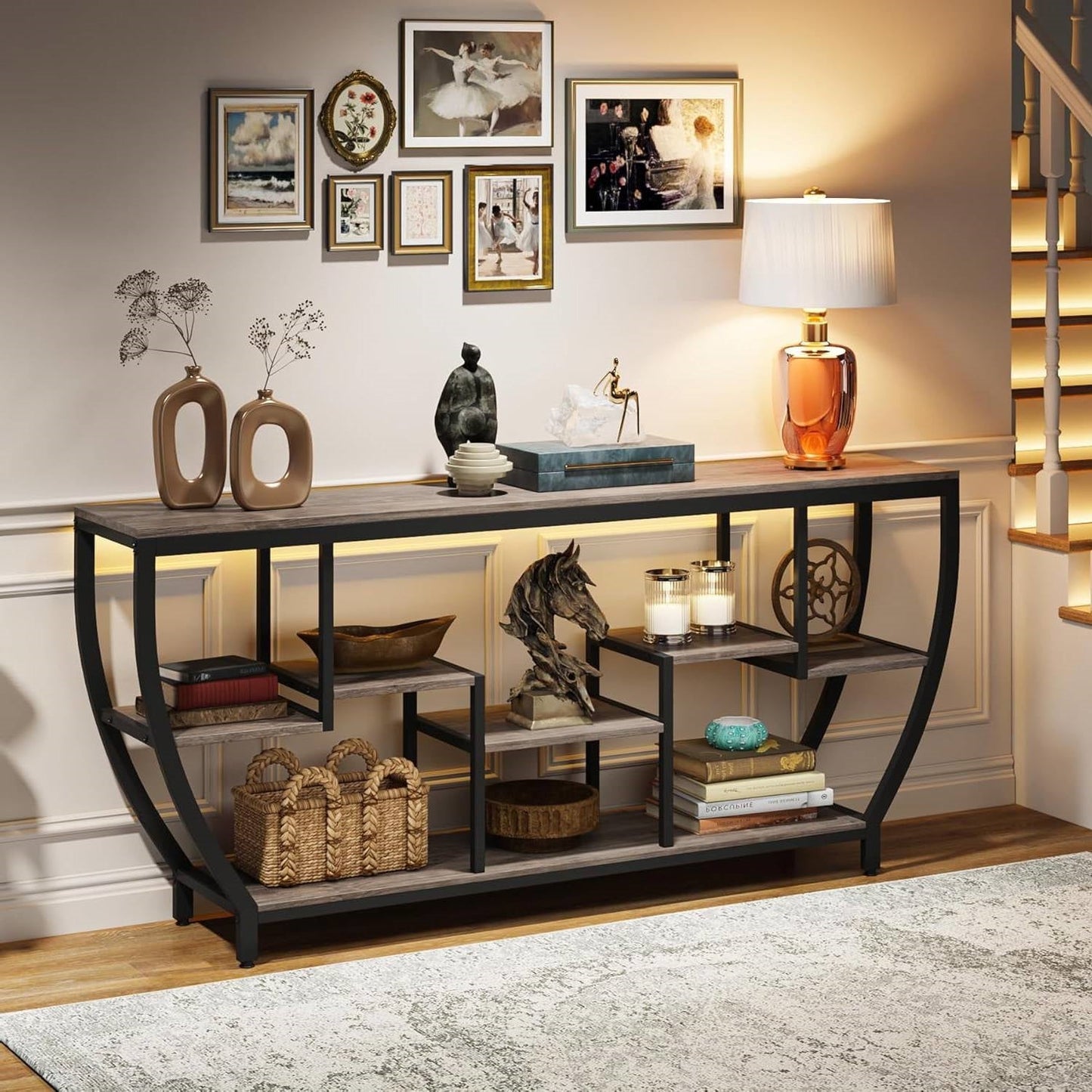 Industrial Chic 70-inch Long Narrow Console Sofa Table with Gray Wood Shelves-2