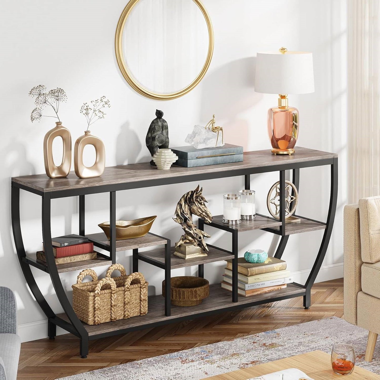 Industrial Chic 70-inch Long Narrow Console Sofa Table with Gray Wood Shelves-3