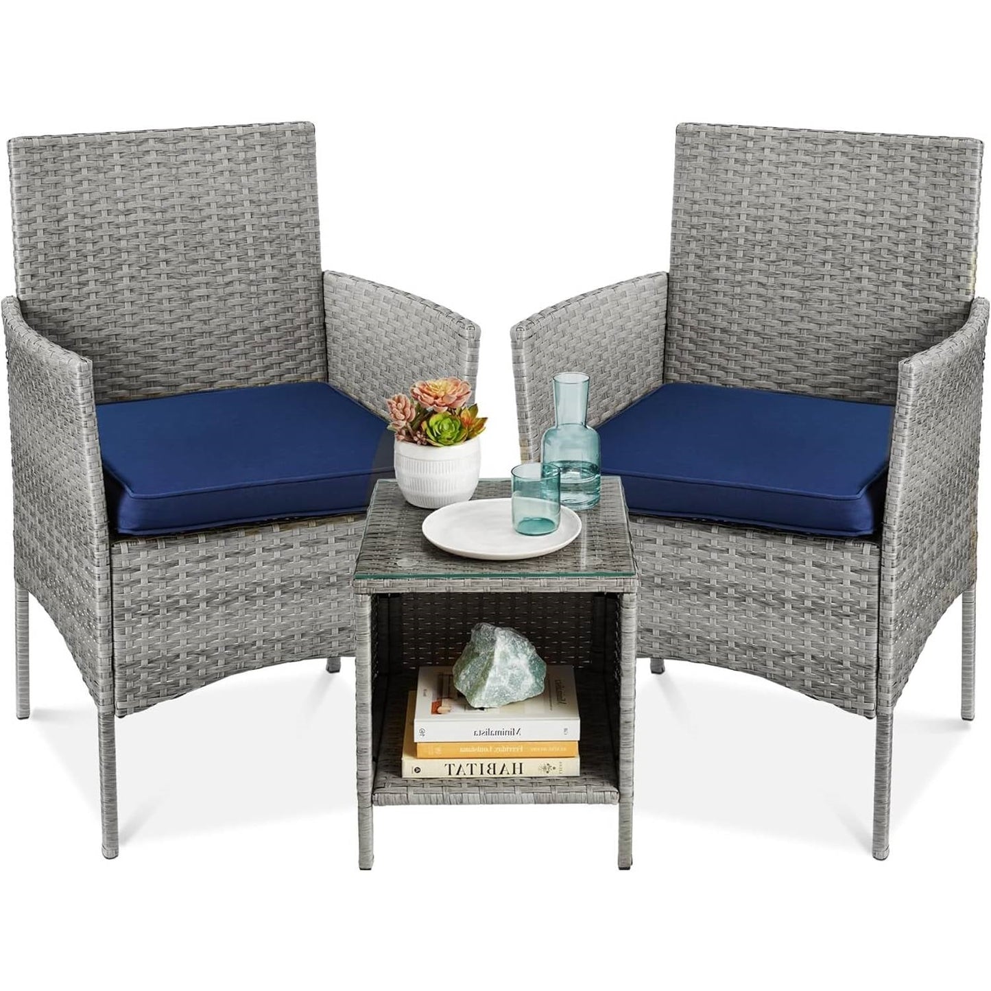 3-Piece Grey PE Wicker Outdoor Patio Furniture Dining Set w/ Navy Blue Cushions FastFurnishings
