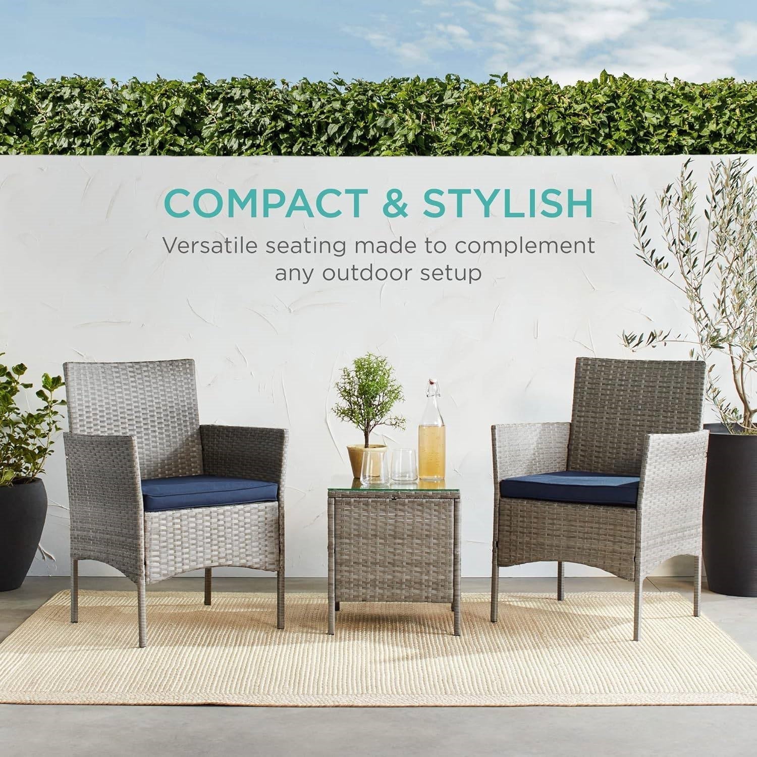 3-Piece Grey PE Wicker Outdoor Patio Furniture Dining Set w/ Navy Blue Cushions FastFurnishings