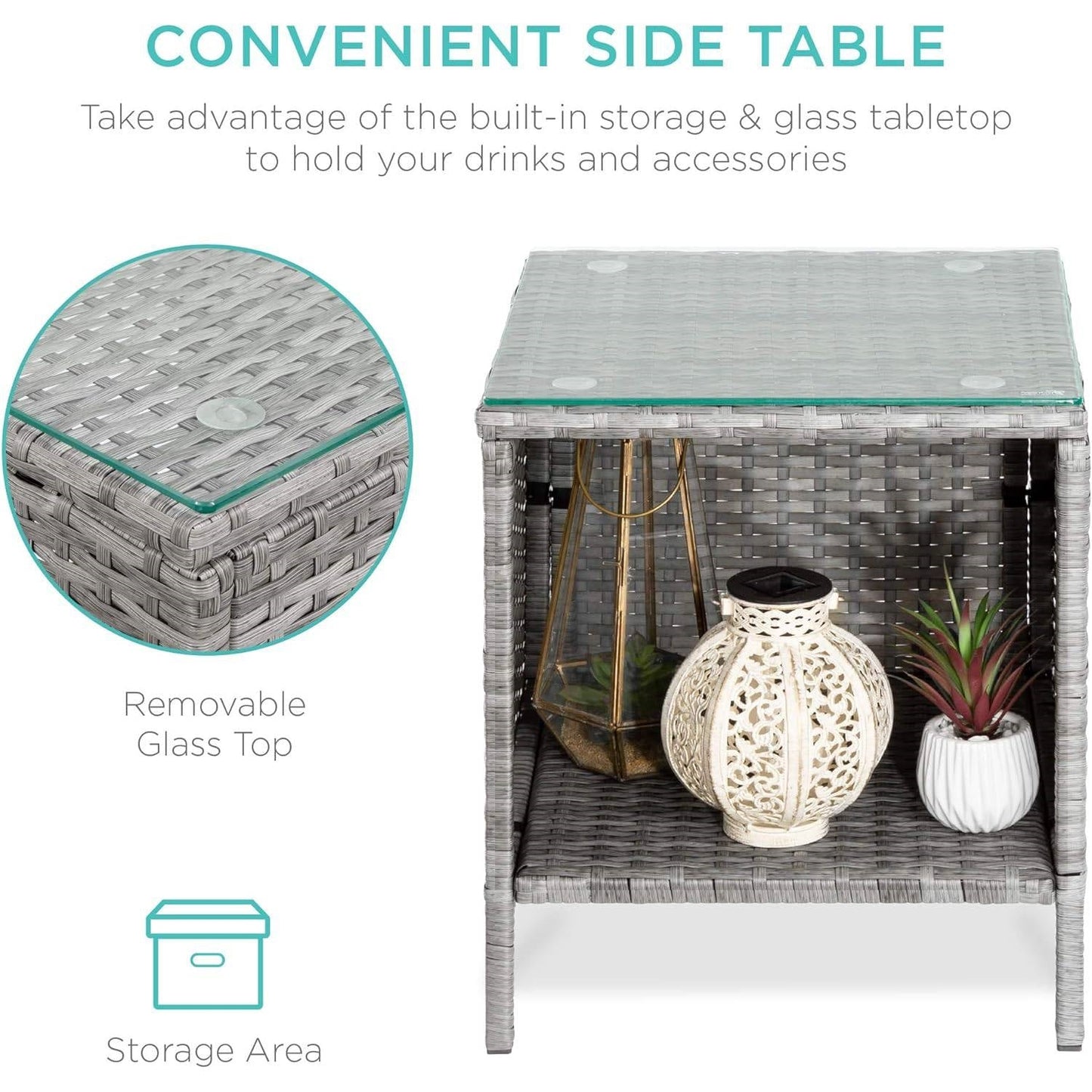 3-Piece Grey PE Wicker Outdoor Patio Furniture Dining Set w/ Navy Blue Cushions FastFurnishings