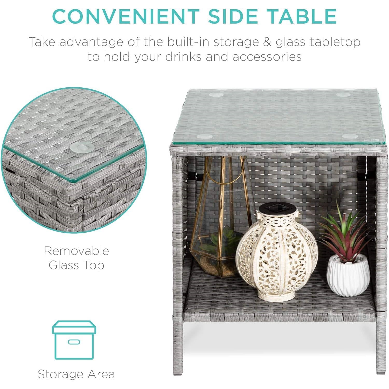 3-Piece Grey PE Wicker Outdoor Patio Furniture Dining Set w/ Navy Blue Cushions FastFurnishings