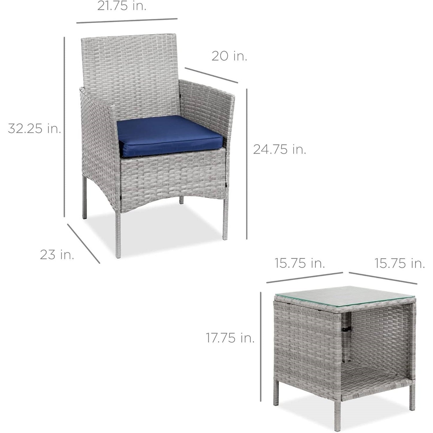 3-Piece Grey PE Wicker Outdoor Patio Furniture Dining Set w/ Navy Blue Cushions FastFurnishings