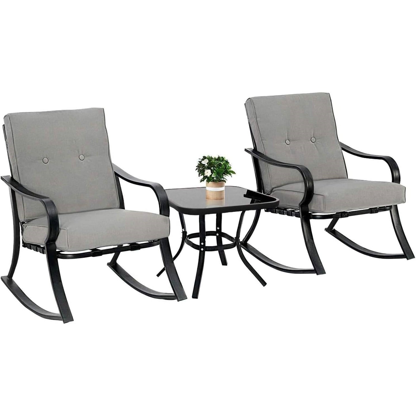 Outdoor 3-Piece Patio Furniture Table Rocking Chairs Set with Grey Cushions FastFurnishings