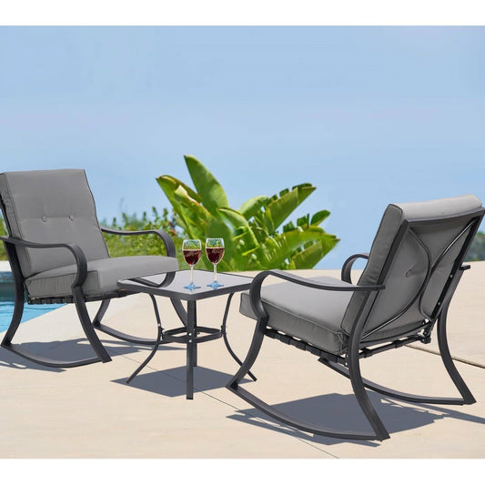 Outdoor 3-Piece Patio Furniture Table Rocking Chairs Set with Grey Cushions FastFurnishings