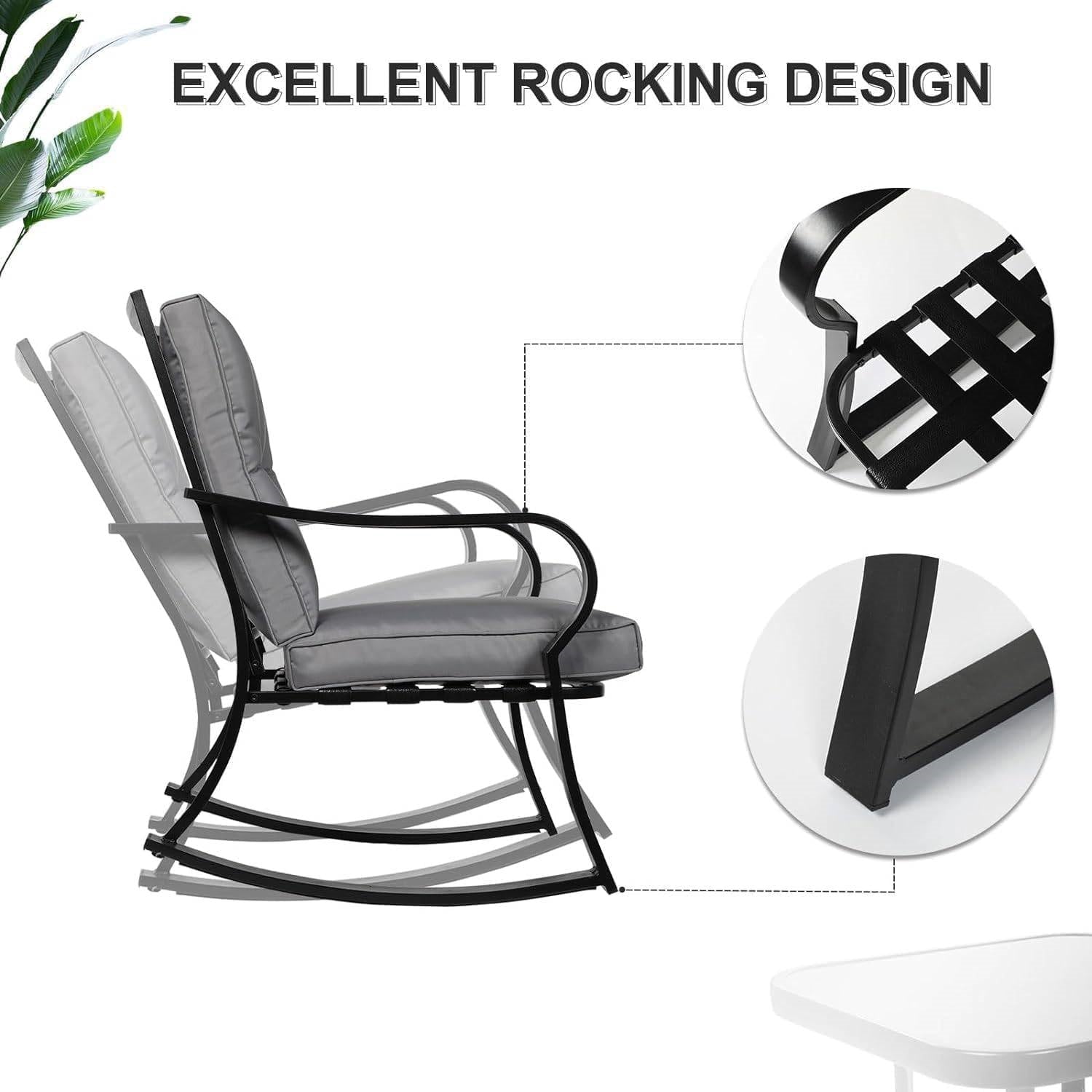 Outdoor 3-Piece Patio Furniture Table Rocking Chairs Set with Grey Cushions FastFurnishings