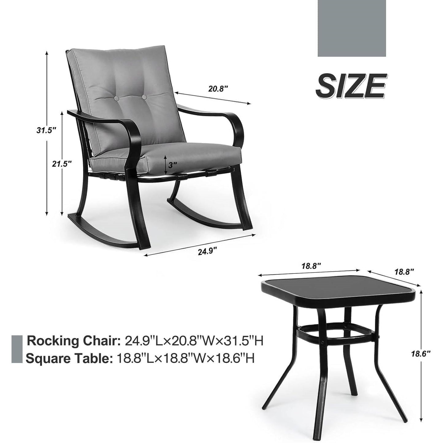 Outdoor 3-Piece Patio Furniture Table Rocking Chairs Set with Grey Cushions FastFurnishings
