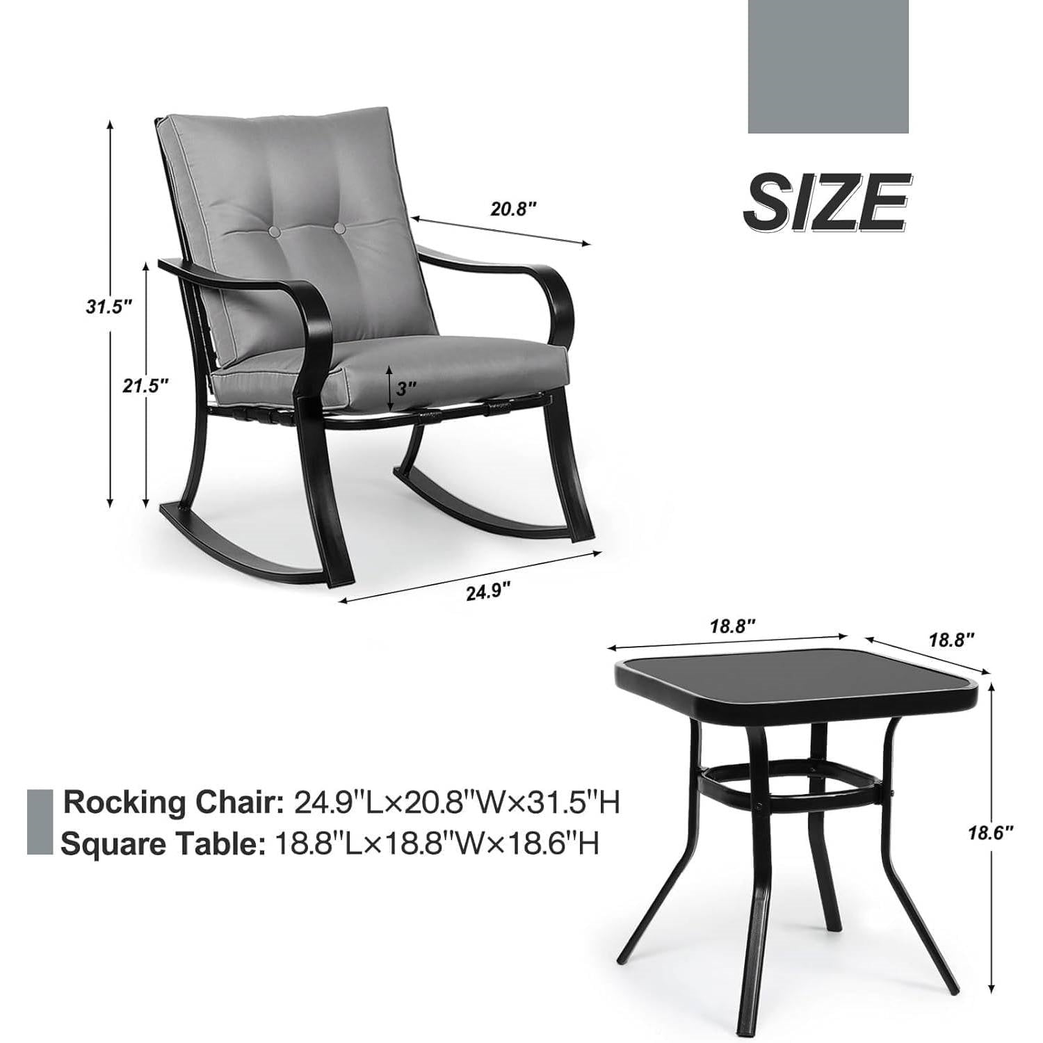 Outdoor 3-Piece Patio Furniture Table Rocking Chairs Set with Grey Cushions FastFurnishings
