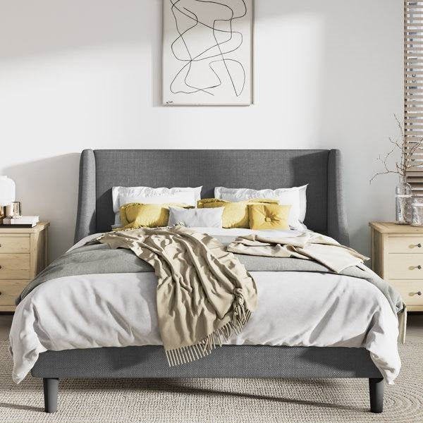 Queen Size Grey Linen Blend Upholstered Platform Bed with Wingback Headboard FastFurnishings