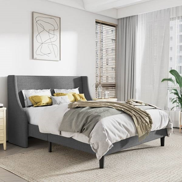 Queen Size Grey Linen Blend Upholstered Platform Bed with Wingback Headboard FastFurnishings