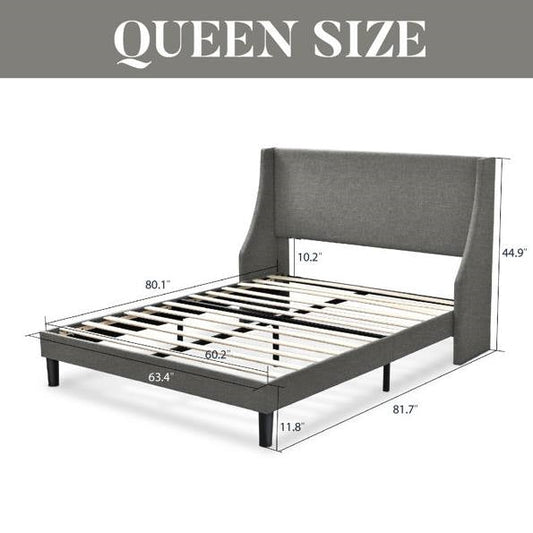 Queen Size Grey Linen Blend Upholstered Platform Bed with Wingback Headboard FastFurnishings