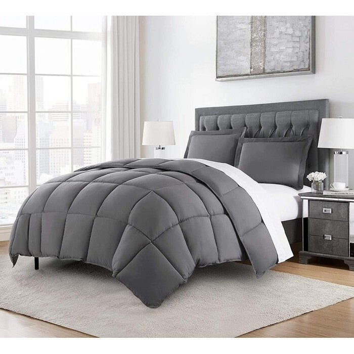 Queen Size Reversible Microfiber Down Alternative Comforter Set in Grey FastFurnishings