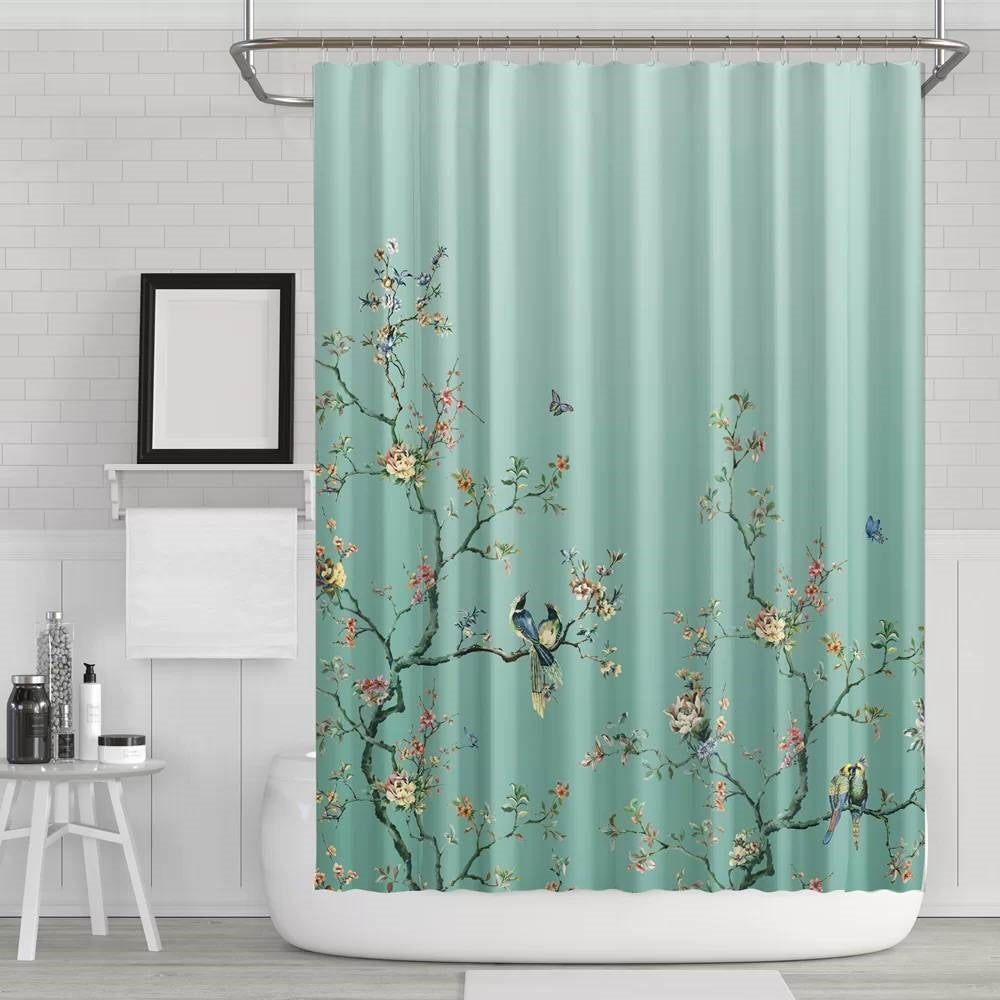 72-in. Teal Blue Green Floral Tree Bird Butterfly Japanese Style Shower Curtain FastFurnishings