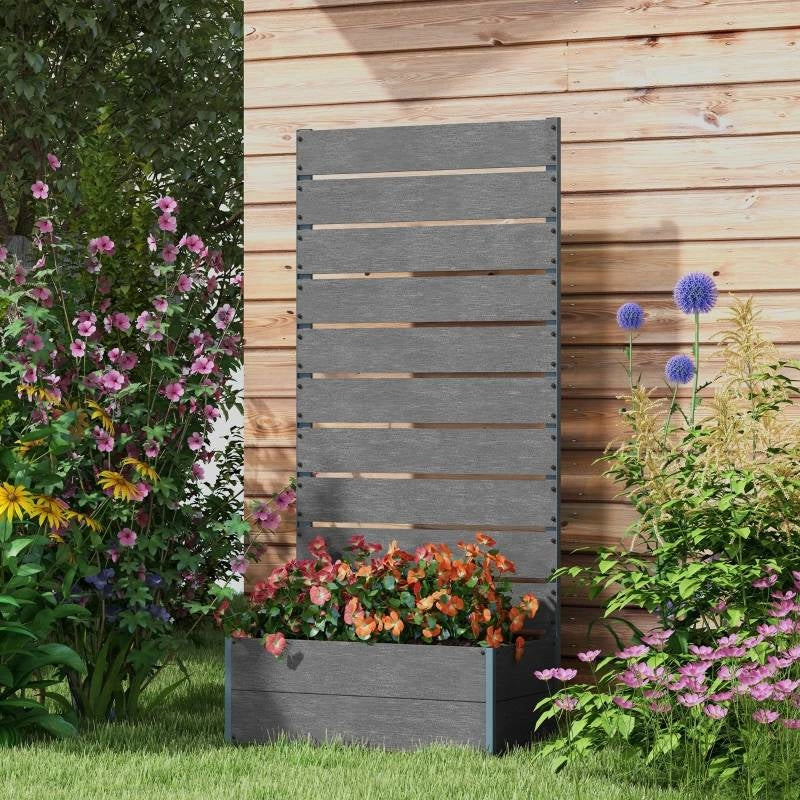 Outdoor Garden Raised Bed Planter with Slatted Fence Trellis in Grey Wood Finish FastFurnishings