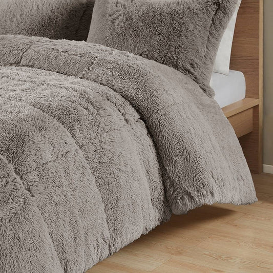 Twin/Twin XL Grey Soft Sherpa Faux Fur 2-Piece Comforter Set with Pillow Shams