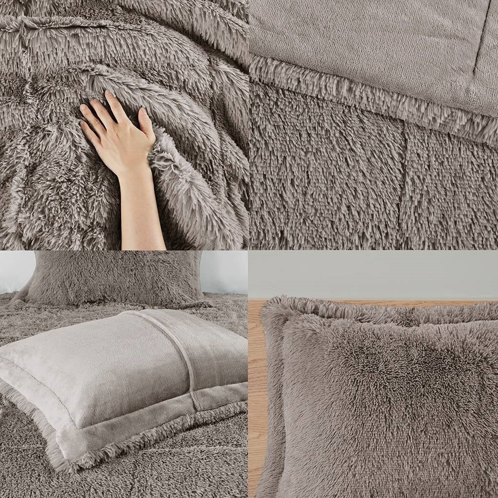 Twin/Twin XL Grey Soft Sherpa Faux Fur 2-Piece Comforter Set with Pillow Shams