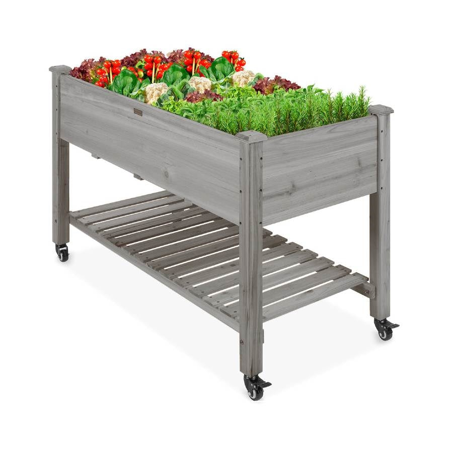 Outdoor Grey Wood Raised Garden Bed Planter Box with Shelf and Locking Wheels FastFurnishings