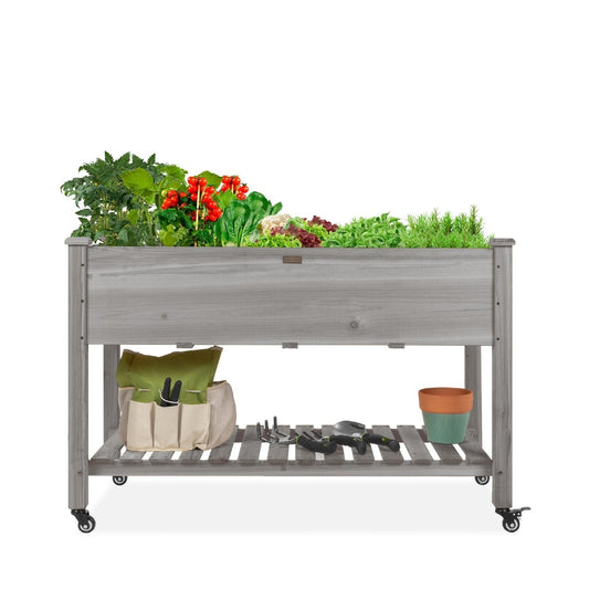 Outdoor Grey Wood Raised Garden Bed Planter Box with Shelf and Locking Wheels FastFurnishings