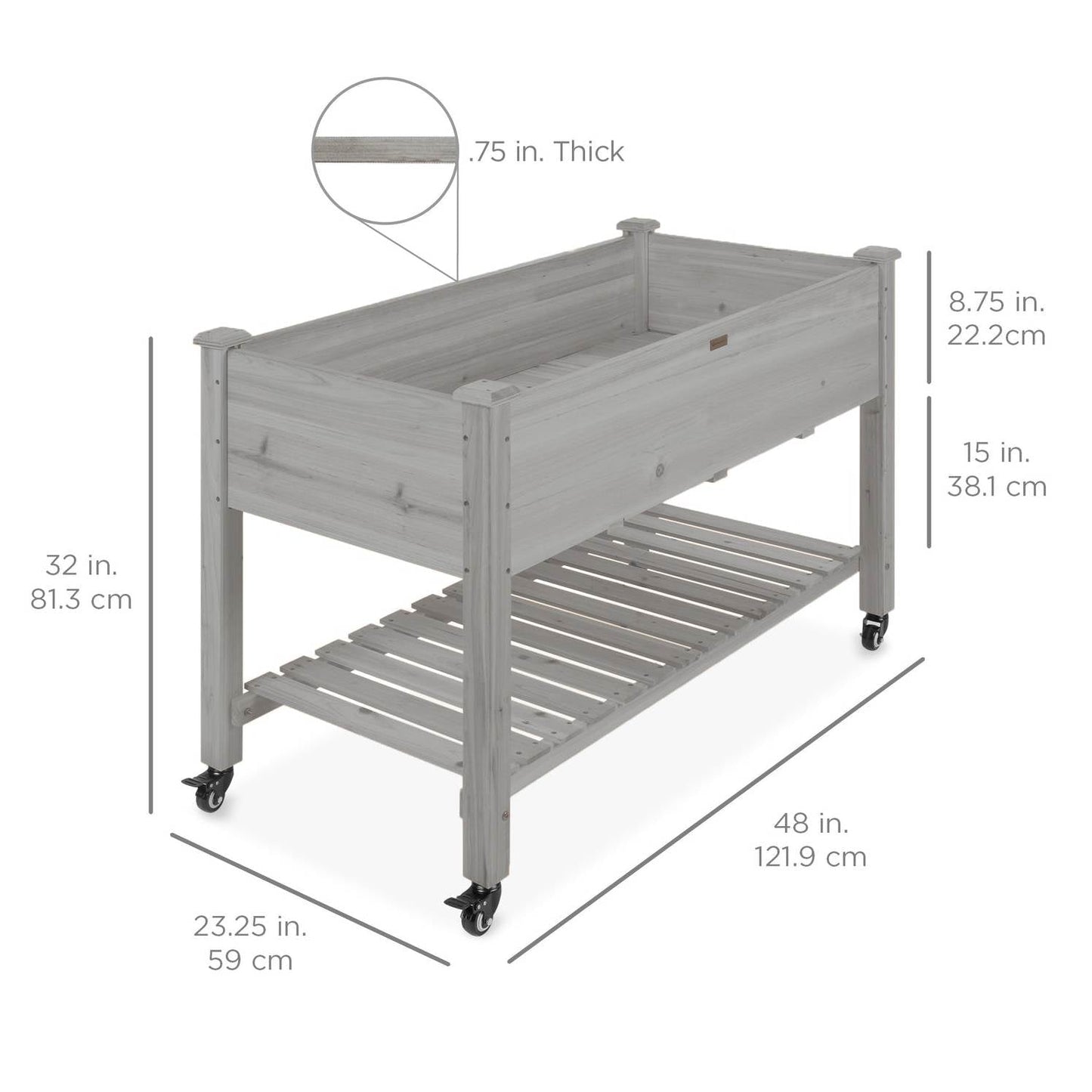 Outdoor Grey Wood Raised Garden Bed Planter Box with Shelf and Locking Wheels FastFurnishings