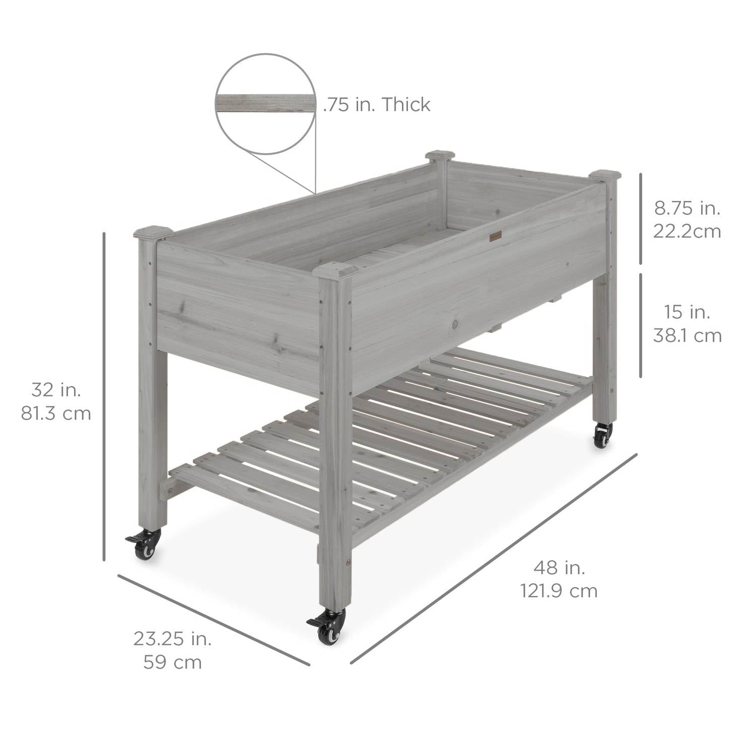 Outdoor Grey Wood Raised Garden Bed Planter Box with Shelf and Locking Wheels FastFurnishings