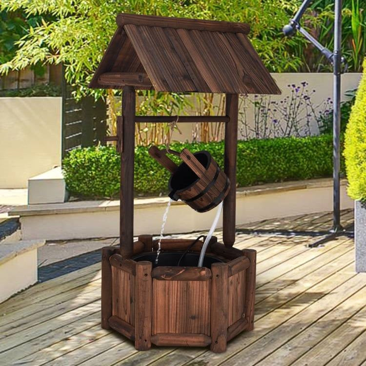 Outdoor Patio Garden Solid Wood Wishing Well Water Fountain with Pump FastFurnishings