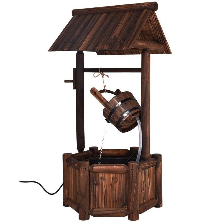 Outdoor Patio Garden Solid Wood Wishing Well Water Fountain with Pump FastFurnishings