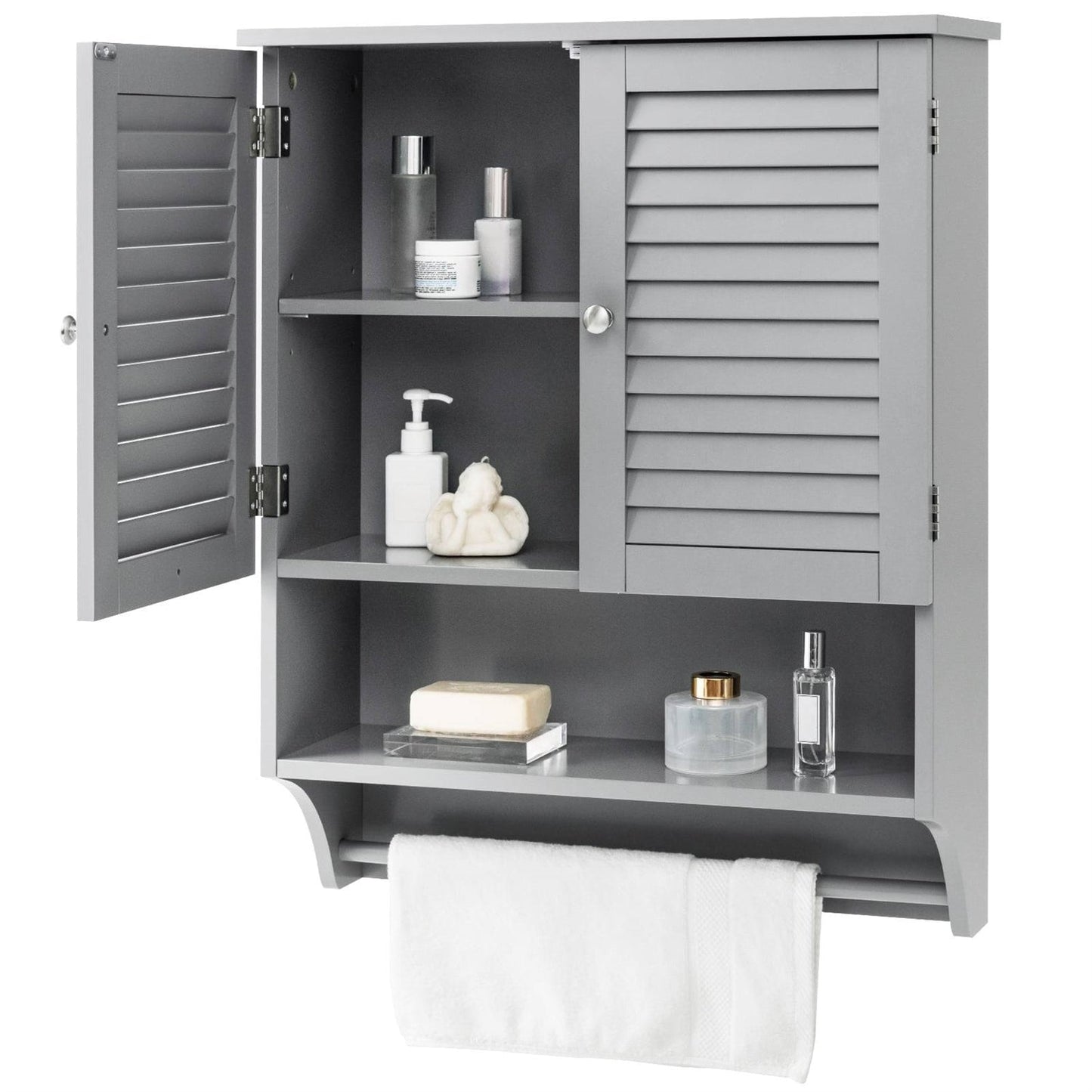 Grey Wall-Mounted Bathroom Medicine Cabinet with Louver Doors and Towel Bar FastFurnishings