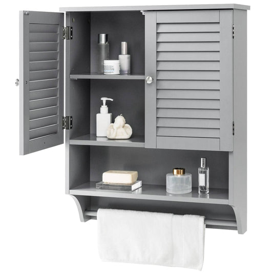 Grey Wall-Mounted Bathroom Medicine Cabinet with Louver Doors and Towel Bar FastFurnishings